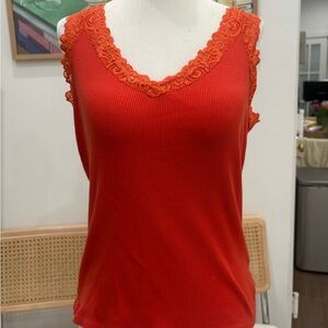 Vintage orange beaded tank top with lace trim!